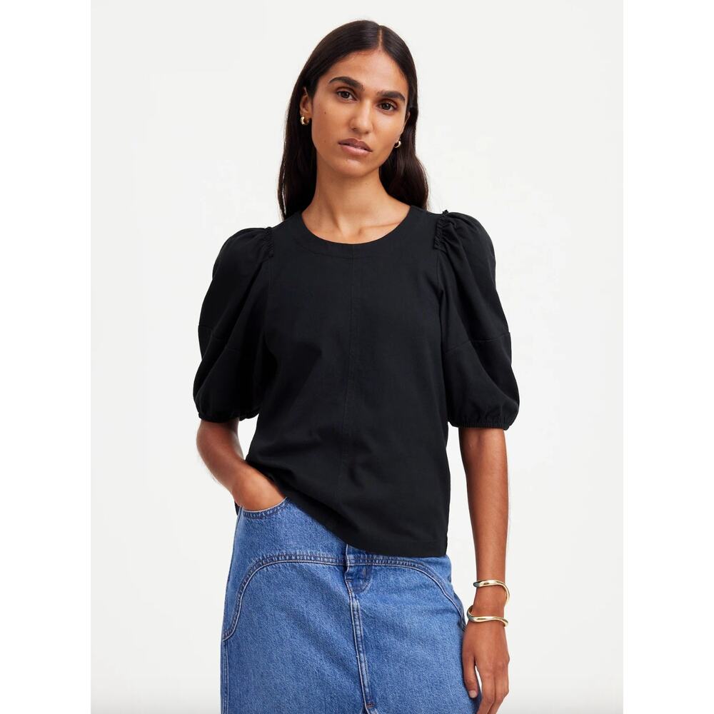 Madewell Puff Sleeve Tee Shirt Cotton Top Relaxed Minimalist Jet Black XXS NWT - Picture 1 of 13